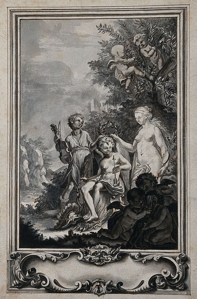 Eros, holding a bow and arrow, is being crowned with laurel by his mother Aphrodite; two putti are cutting branches of…