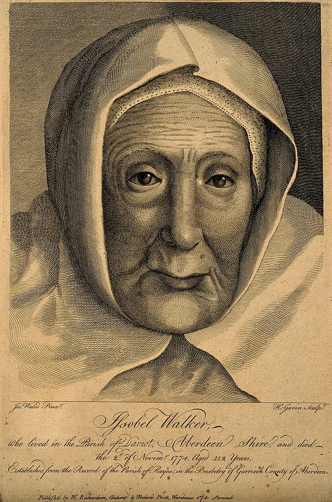 Isobel Walker, aged 112. Line engraving by H. Gavin after J. Wales.