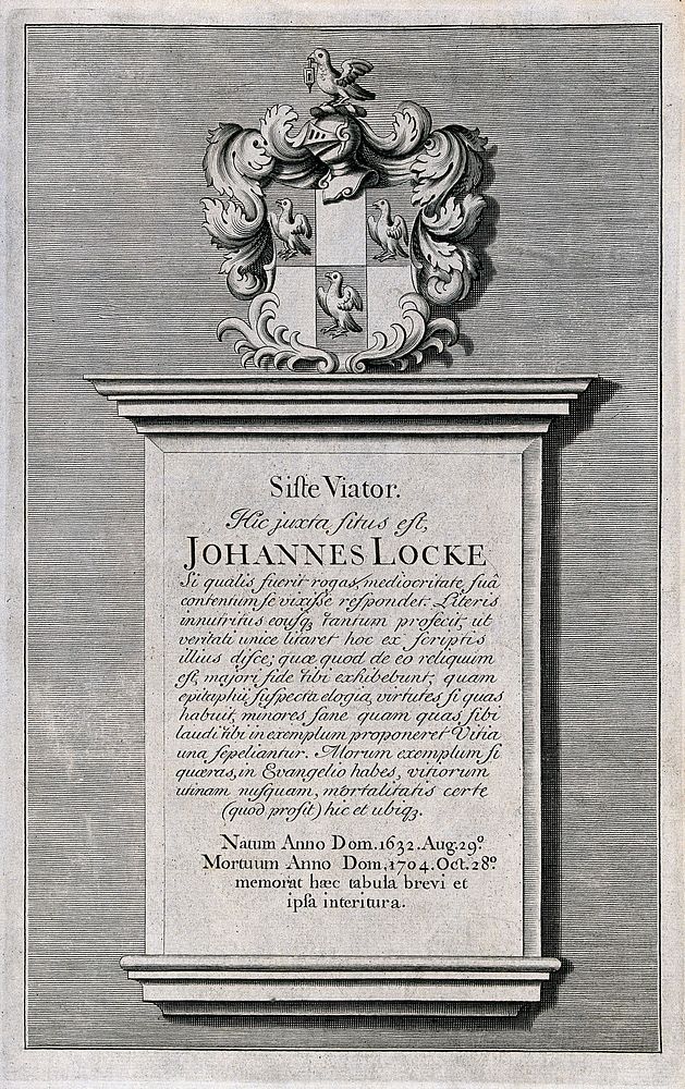 Epitaph of John Locke; above, his coat of arms. Etching.