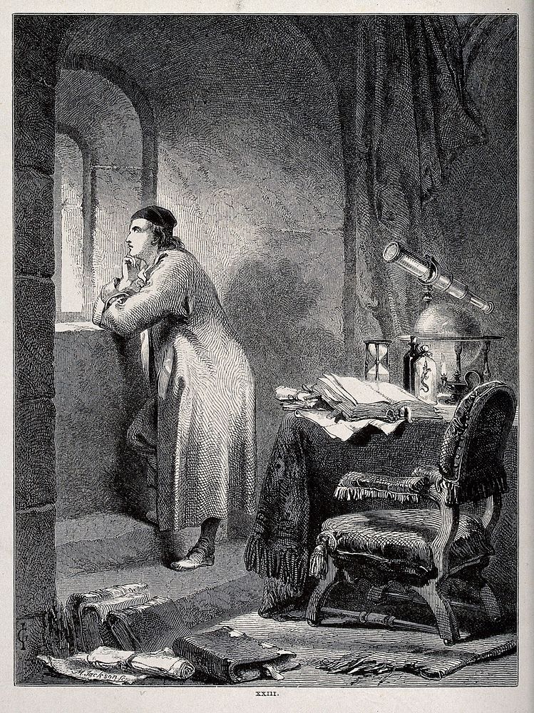 Astronomy: an astronomer [] in his study, looking out of the window. Lithograph by M. Jackson after J. G.