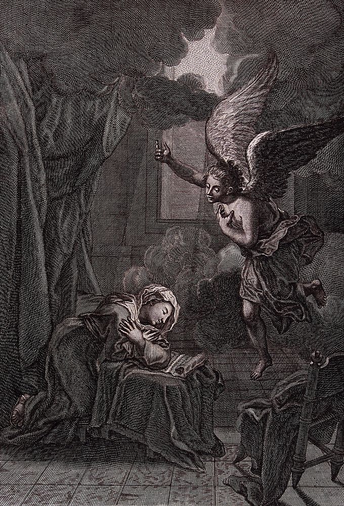 The Virgin, reading a scroll on a prie-dieu, is visited by the announcing angel. Engraving by M. van der Gucht.
