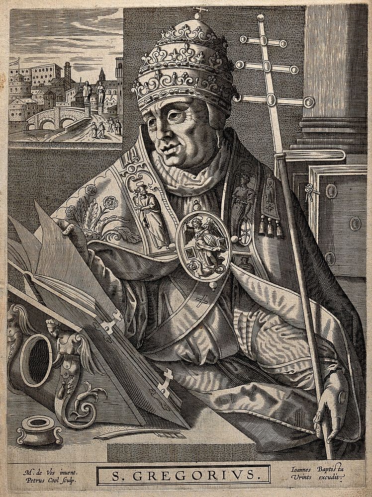 Saint Gregory, as pope; Rome in the background. Engraving by P. Cool after M. de Vos.