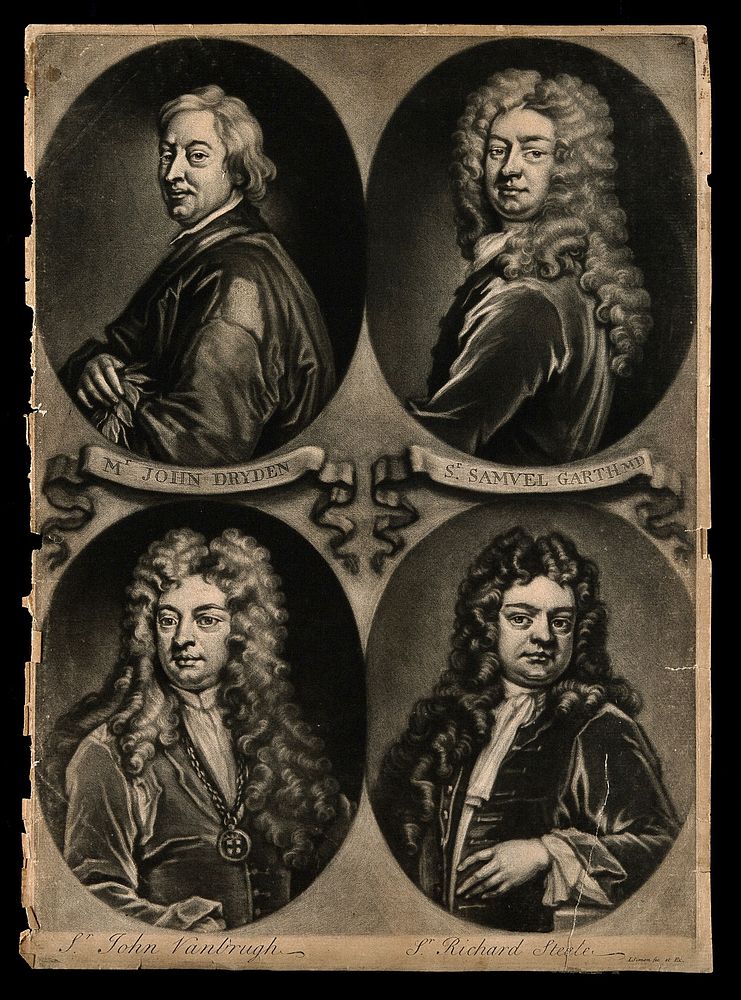 John Dryden, Samuel Garth, John Vanbrugh, and Richard Steele. Mezzotint by J. Simon after Sir G. Kneller.