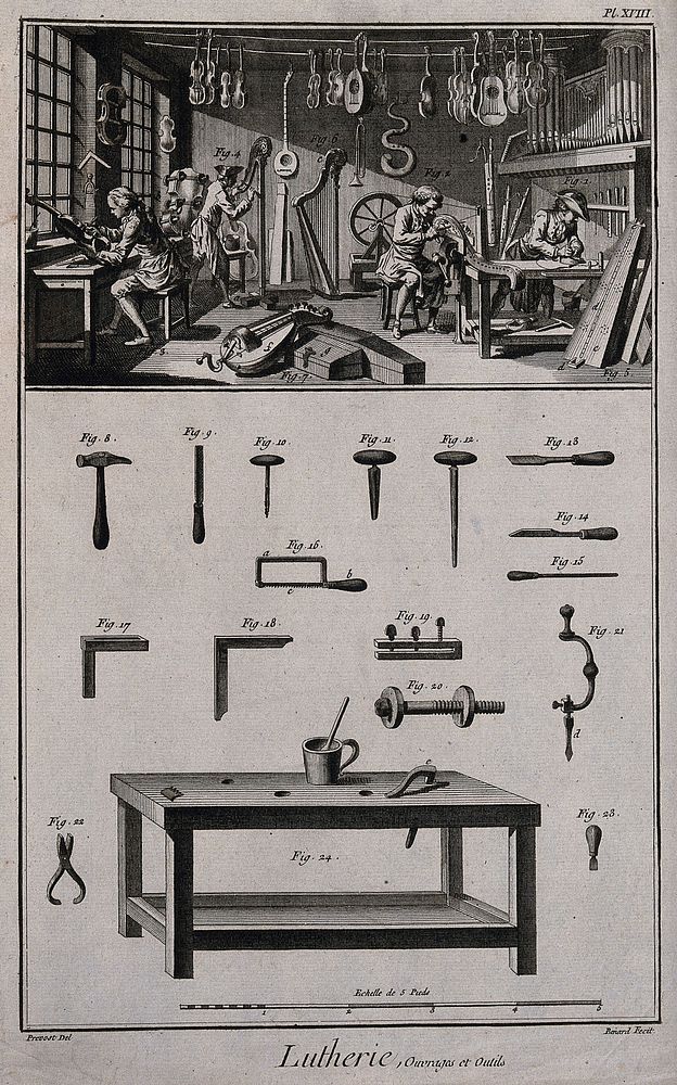 Men in a workshop making musical instruments, some of which are suspended from the ceiling; tools are around a bench.…