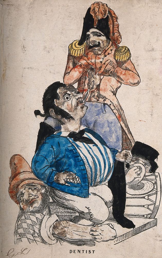 A tooth-drawer dressed in military uniform extracting a tooth from a sailor who is being supported by another man. Coloured…