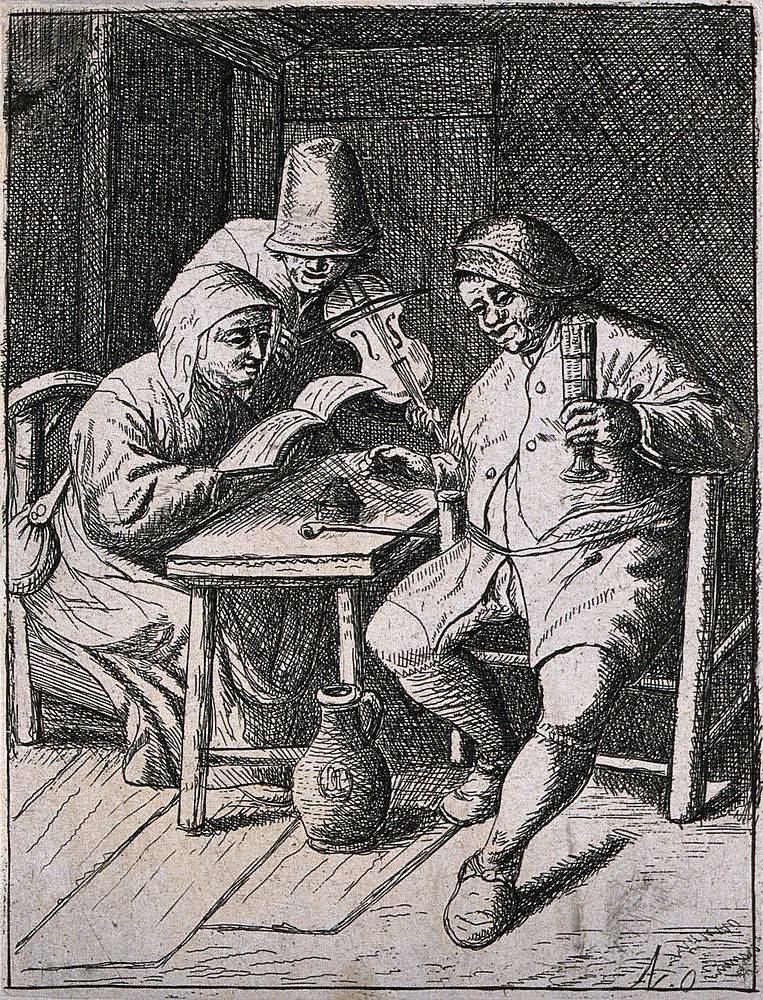 A man sits drinking at a table and is entertained by a fiddler as a woman holds his music open. Etching by D. Deuchar, 18th…