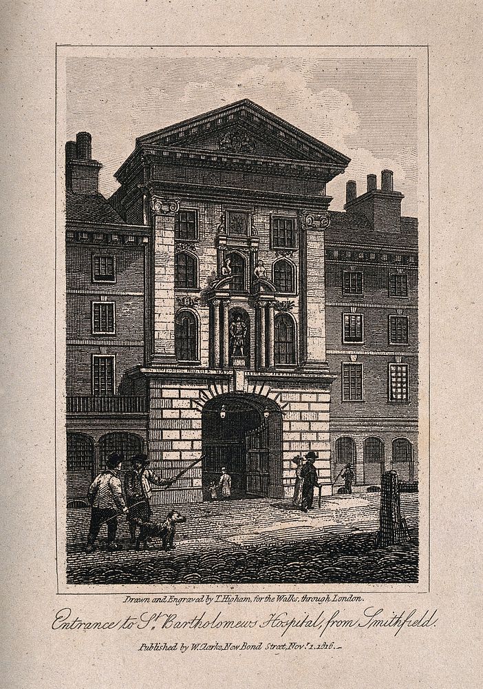 St Bartholomew's Hospital, London: Henry VIII Gate. Engraving by T. Higham after himself, 1816.