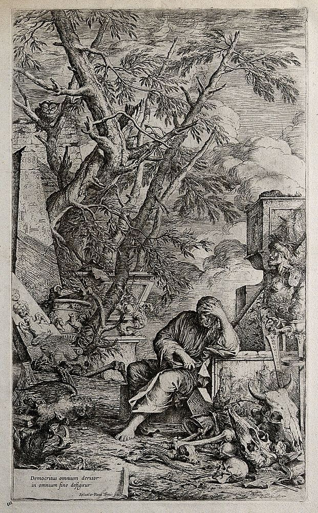 Democritus sits in meditation surrounded by ruins and skulls. Etching by S. Rosa.