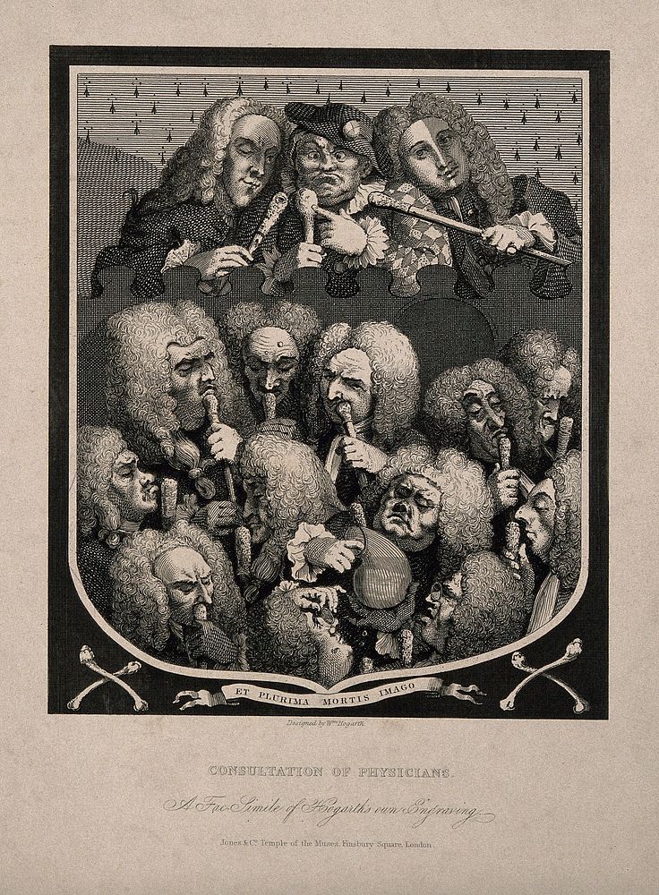 A shield containing a group portrait of various doctors and quacks, including Mrs Mapp, Dr. Joshua Ward and John Taylor.…