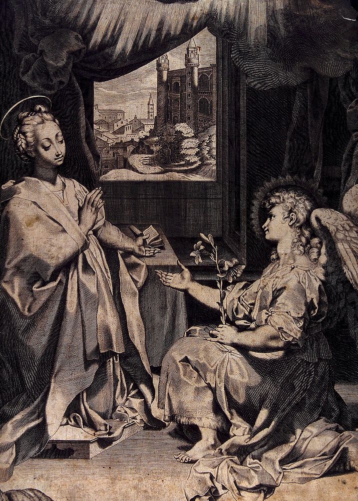 The Virgin sets aside her Bible as the angel appears, holding out his hand and bearing lilies. Engraving after F. Barocci .