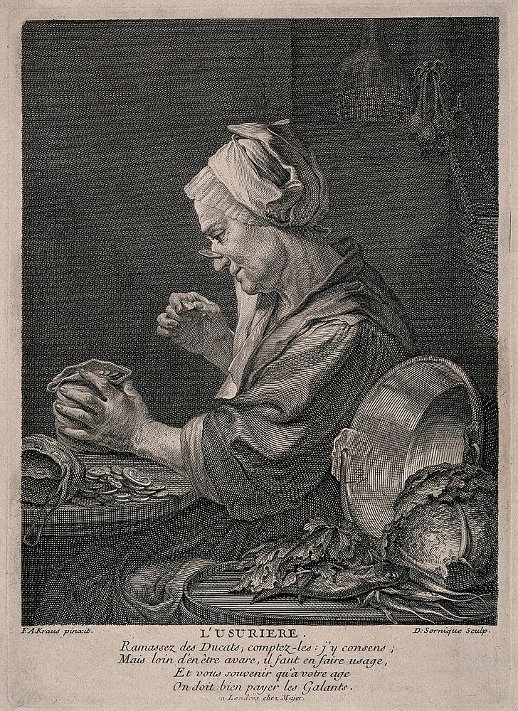A money lender sits at her kitchen table studying her money. Line engraving by D. Sornique after F.A. Kraus.