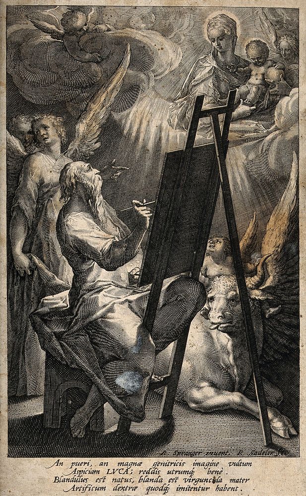 Saint Luke, painting a picture of the Virgin. Engraving by R. Sadeler after B. Spranger.
