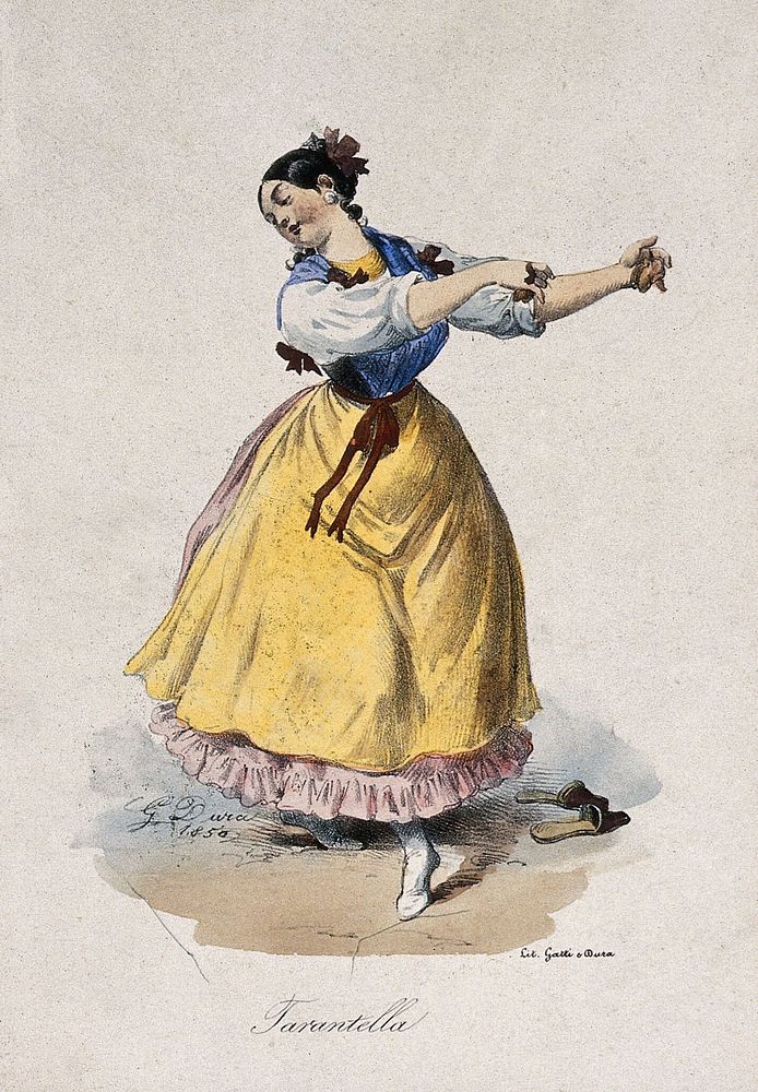 A young woman dancing the tarantella. Coloured lithograph by G. Dura.