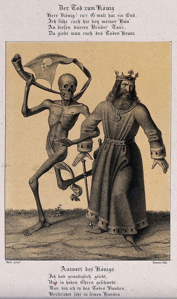 The dance of death at Basel: death and the King. Lithograph by Danzer after H. Hess.