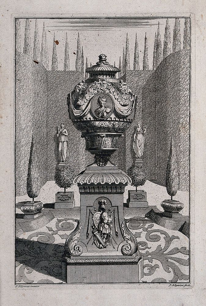 An ornate vase and pedestal with a bust and weapons carved on the side, in a classical garden. Etching by J. Schynvoet, c.…