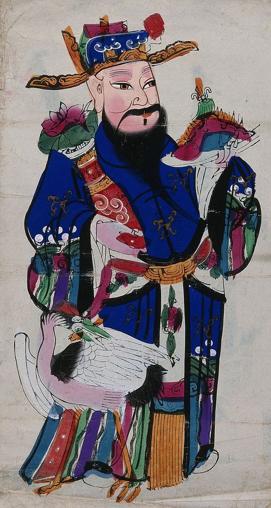 A Chinese scholar with a heron. Coloured woodcut by a Chinese artist.