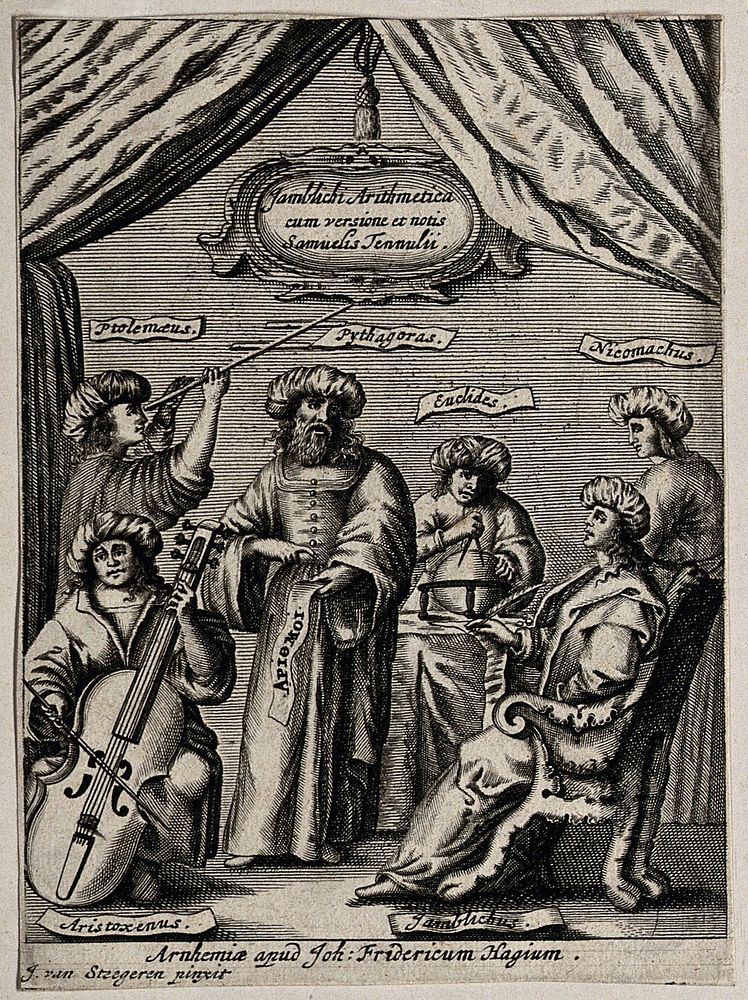 Mathematicians: Ptolemy, Pythagoras, Euclid, Nicomachus, Aristoxenus and Iamblichus. Engraving after J. van Steegeren, 1667…