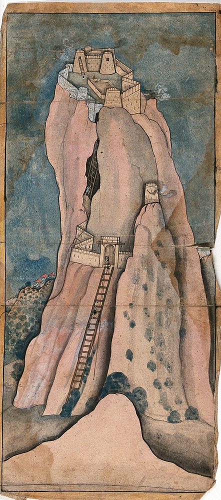 Men climbing a large cliff to reach the fortress on top. Watercolour by an Iranian painter .