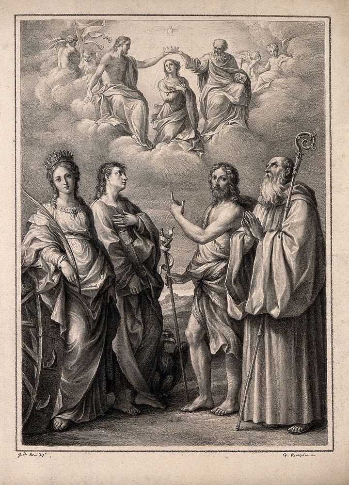 The coronation of the Virgin with four saints: Saint Catherine of Alexandria, Saint John the Evangelist, Saint John the…