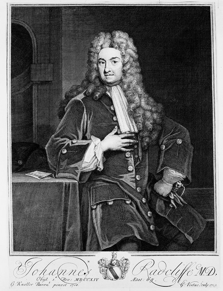 John Radcliffe. Line engraving by G. Vertue, 1719, after Sir G. Kneller, 1710.