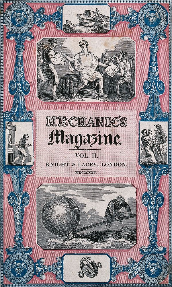 A man is handing out issues of the Mechanic's magazine to engineers, and Archimedes moving the Earth using a plank as a…