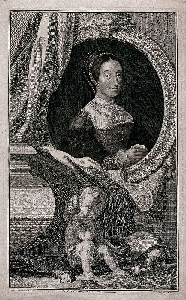 Catherine Howard, Queen Consort to King Henry VIII. Engraving by J. Houbraken after H. Holbein the younger, ca. 174-.