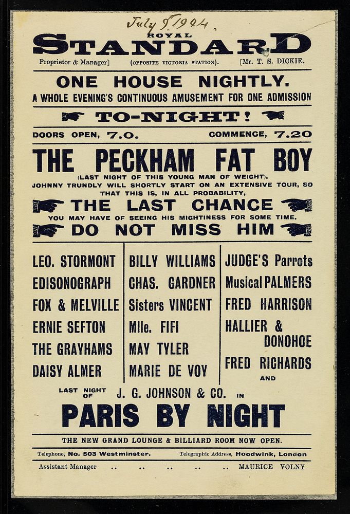 [Leaflet advertising appearances by Johnny Trundley, the Peckham Fat Boy at the Royal Standard music hall (opposite Victoria…