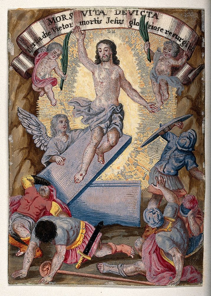 The resurrected Christ rises over terrified soldiers. Watercolour painting.