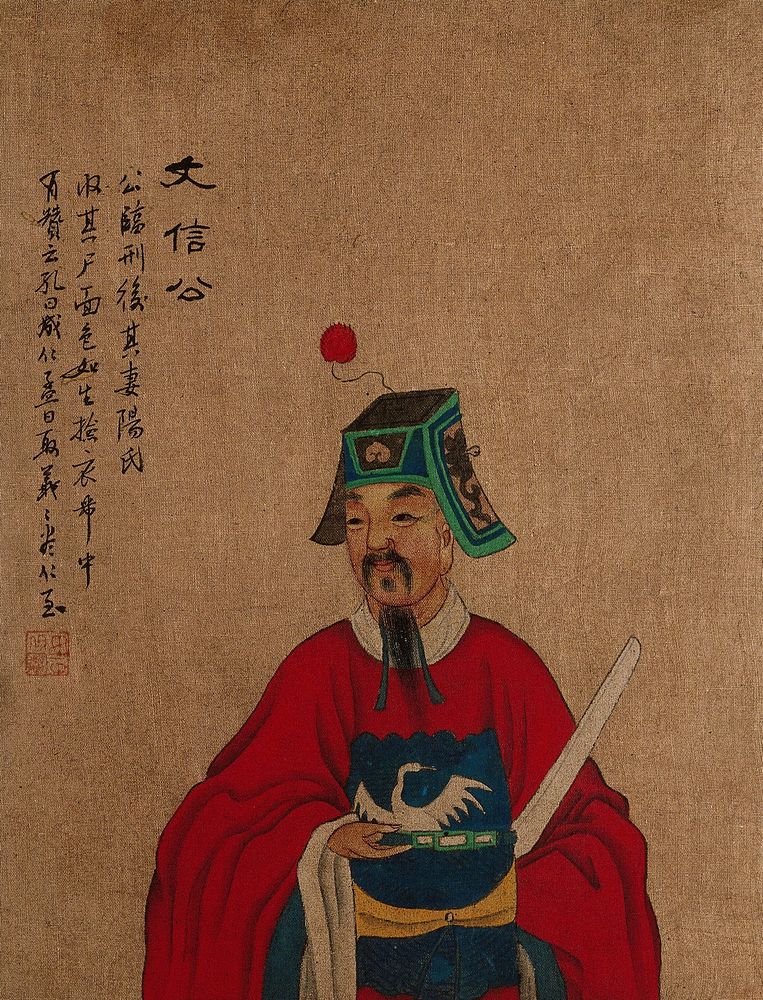 A man with a green hat. Painting by a Chinese artist, ca. 1850.