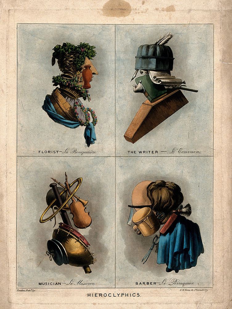 Composite heads: a florist, a writer, a musician and a barber made of their respective instruments. Coloured aquatint, ca.…