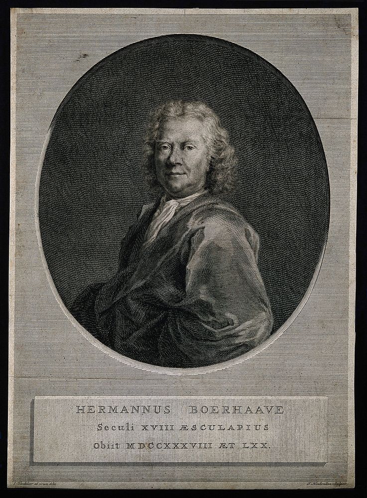 Hermann Boerhaave. Line engraving by J. Houbraken after J. Wandelaar.