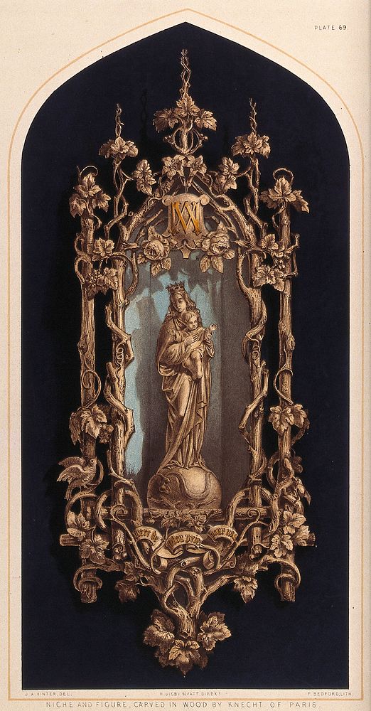 Saint Mary (the Blessed Virgin) with the Christ Child. Colour lithograph by F. Bedford, 1852, after J.A. Vinter after F.E.…