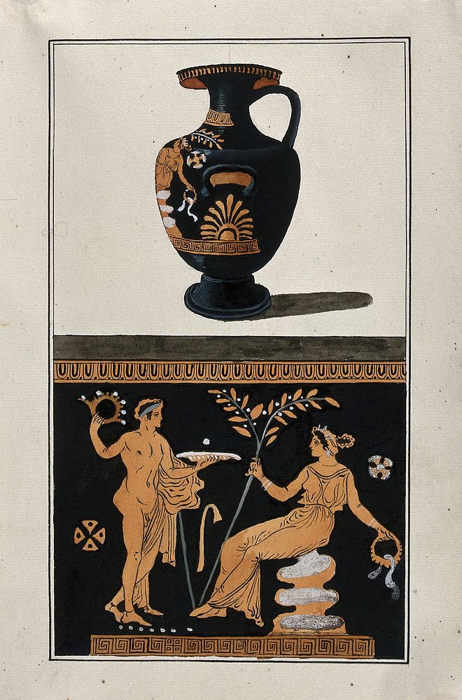 Above, red-figured Greek water jar (hydria); below, detail of decoration showing a seated woman holding a leafy branch and a…