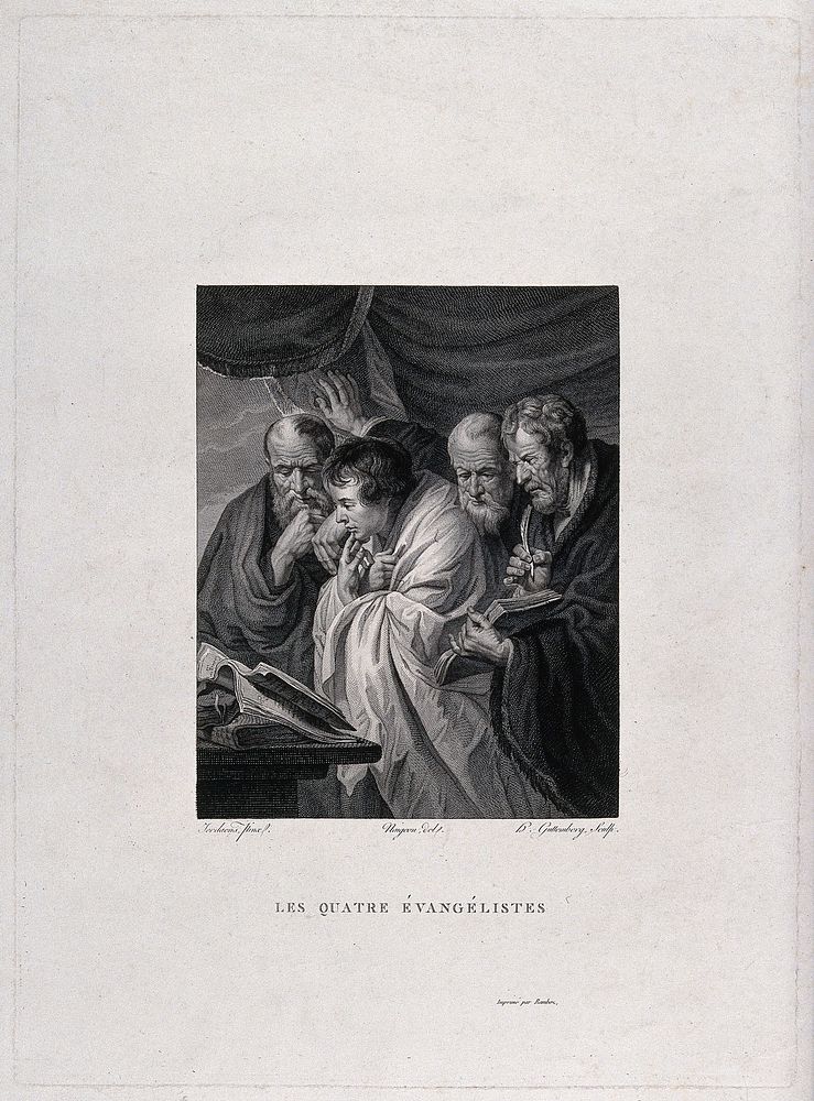 Saint Mark, Saint Luke, Saint Matthew and Saint John the Evangelist. Etching by H. Guttenberg after J.C. Naigeon after J.…