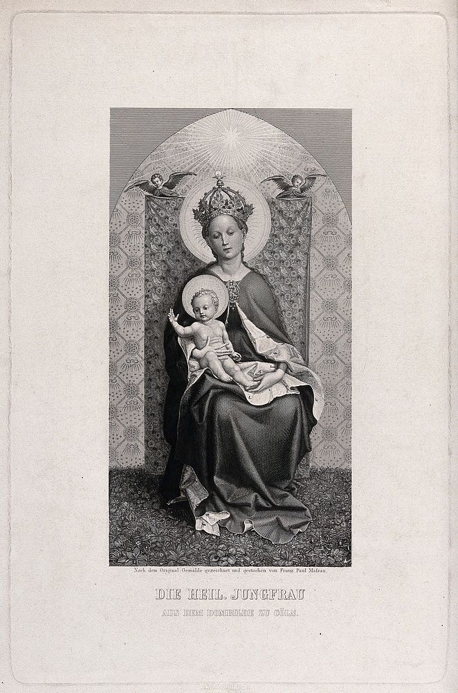 Saint Mary (the Blessed Virgin) with the Christ Child. Engraving by F.P. Massau after S. Lochner.