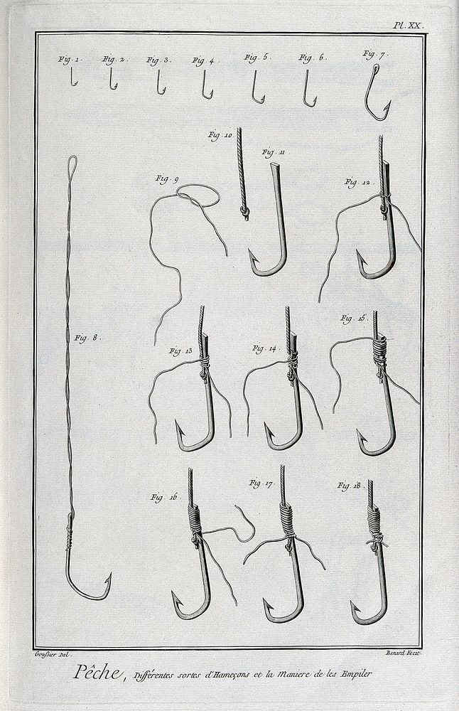 Fishing: different sizes of hook and knots to accompany them. Engraving, c.1762, by Benard after L.J. Goussier.
