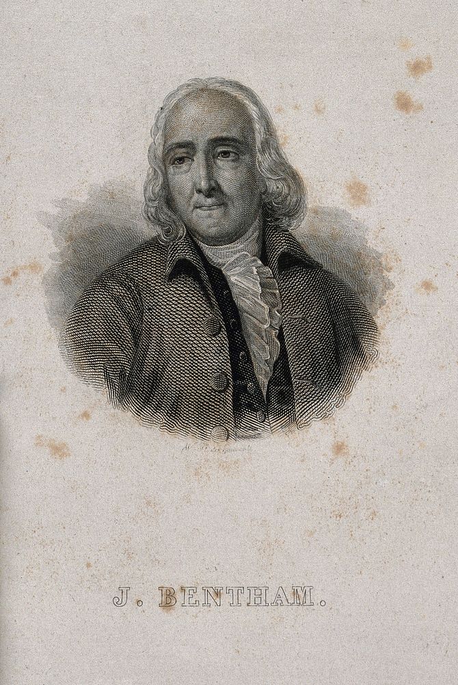 Jeremy Bentham. Line engraving by W.J.J. Des Hauvents.
