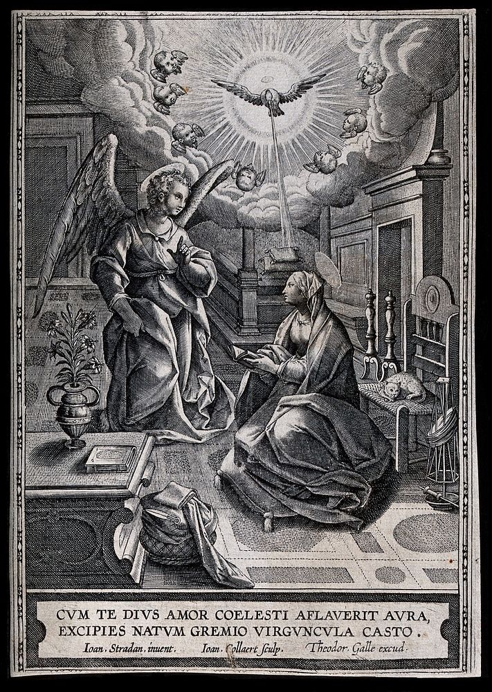 The Virgin reads her Bible as the angel appears with the Holy Spirit. Engraving by J. Collaert after J. Straet.