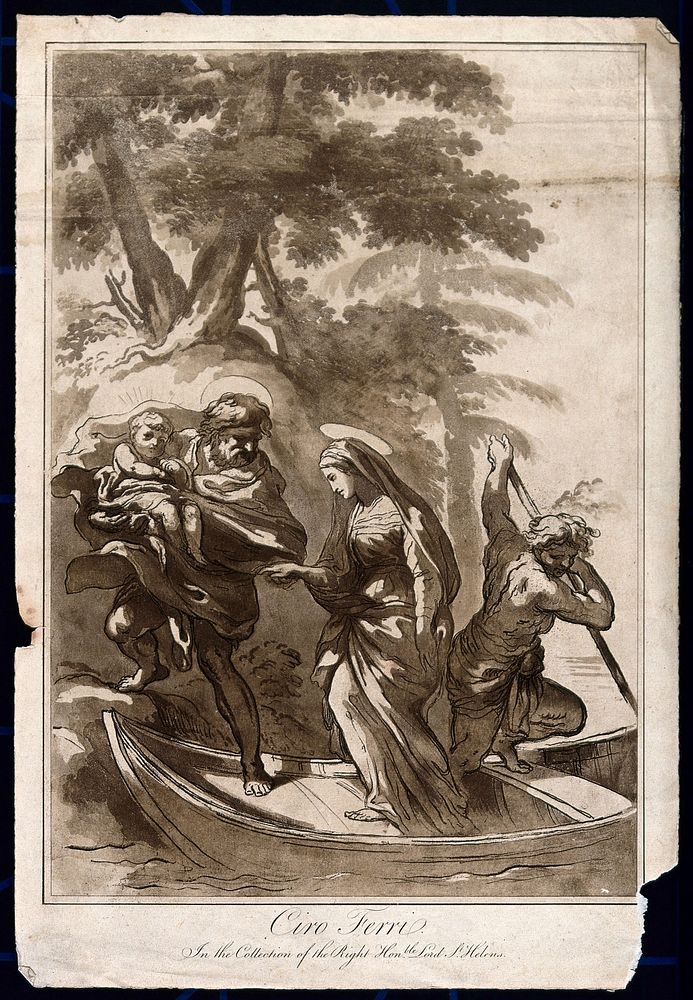 The fugitive holy family board a barge. Aquatint with etching after C. Ferri.