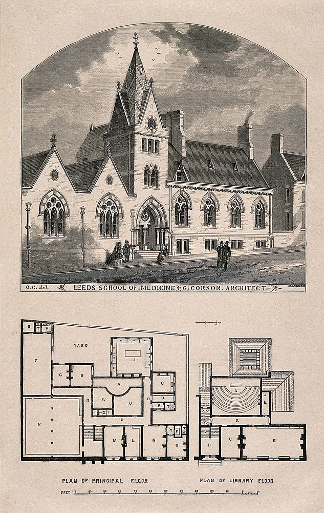 Leeds School of Medicine, Yorkshire: with a floor plan. Wood engraving by W.E. Hodgkin, 1865, after G. Corson.