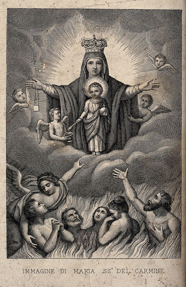 The Virgin of Mount Carmel above sufferers in purgatory. Engraving.