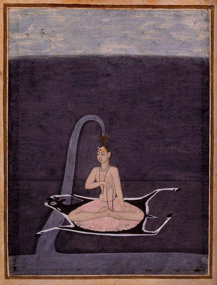 Shiva, the Hindu deity, seated in the lotus position on a deerskin. Gouache painting.