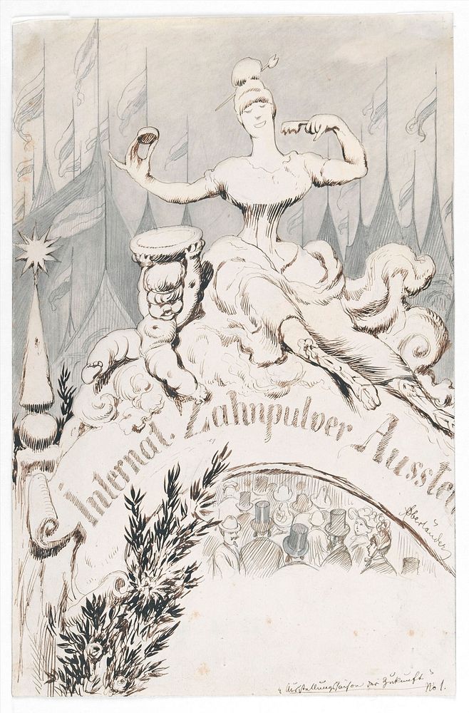 A baroque sculpture forming an allegory of dentifrice at the entrance to an international toothpowder exhibition. Drawing by…