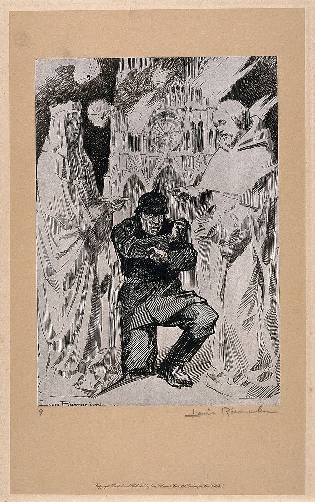 World War One: a German soldier crouches in fear between two saintly mediaeval sculptures; behind Notre Dame is burning.…