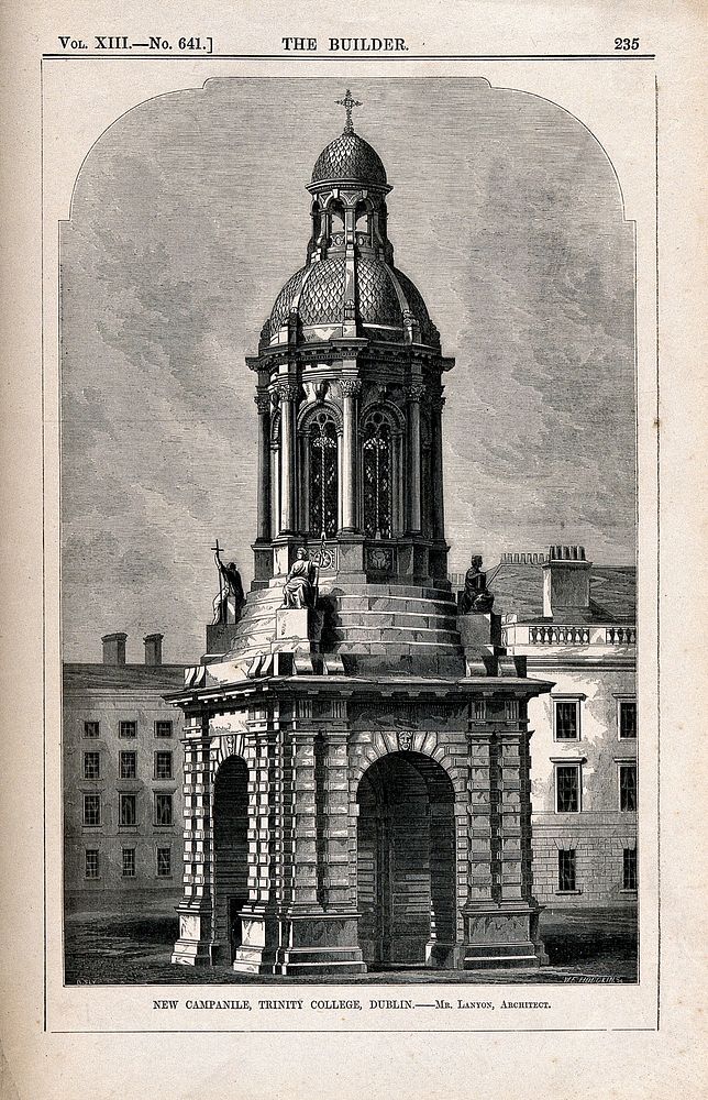 The Campanile, Trinity College, Dublin, Ireland. Wood engraving by W.E. Hodgkin after B. Sly after C. Lanyon.