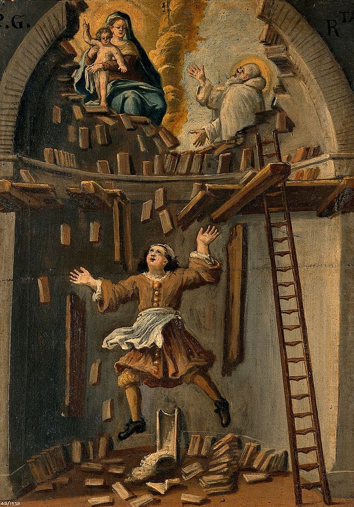 A builder falling from a platform in an apse, St Bruno  interceding with the Virgin and Child. Oil painting by an Italian…