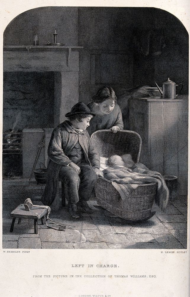 Two young children who have been left to look after a baby in a crib. Engraving by H. Lemon, 1870, after W. Hemsley.