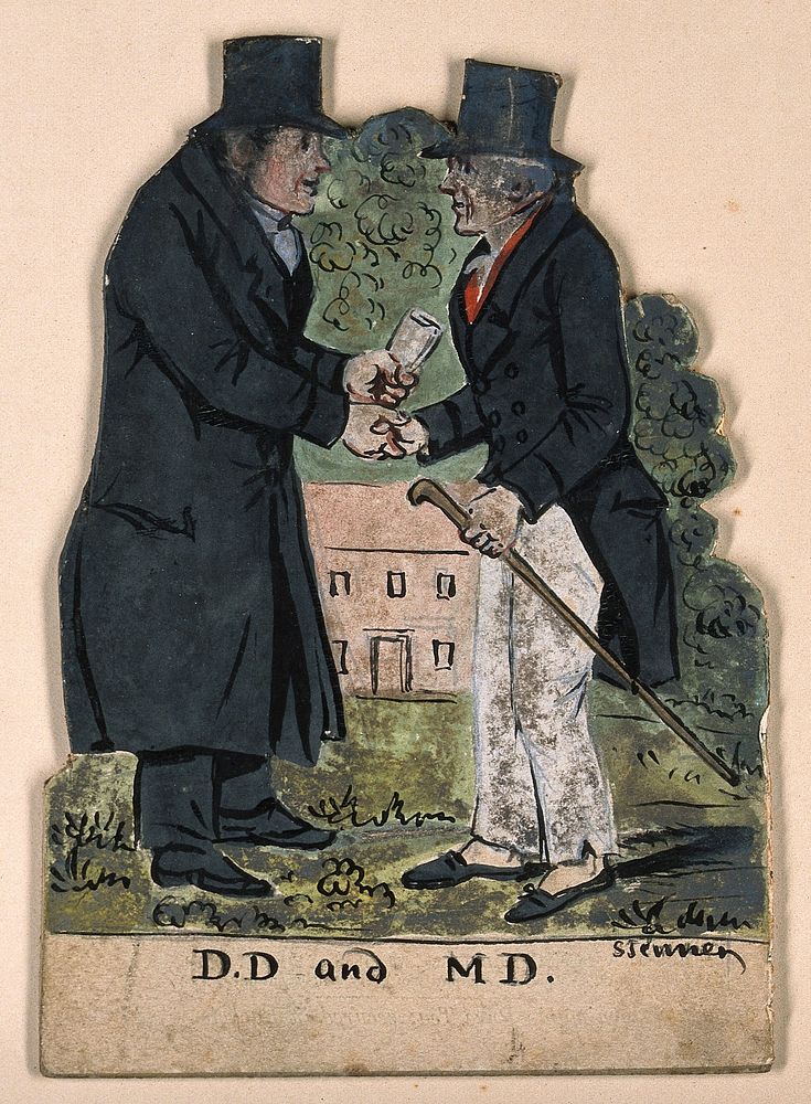 A divine and a physician shaking hands on meeting. Watercolour and ink, by Stephen Jenner, 1830/1850.