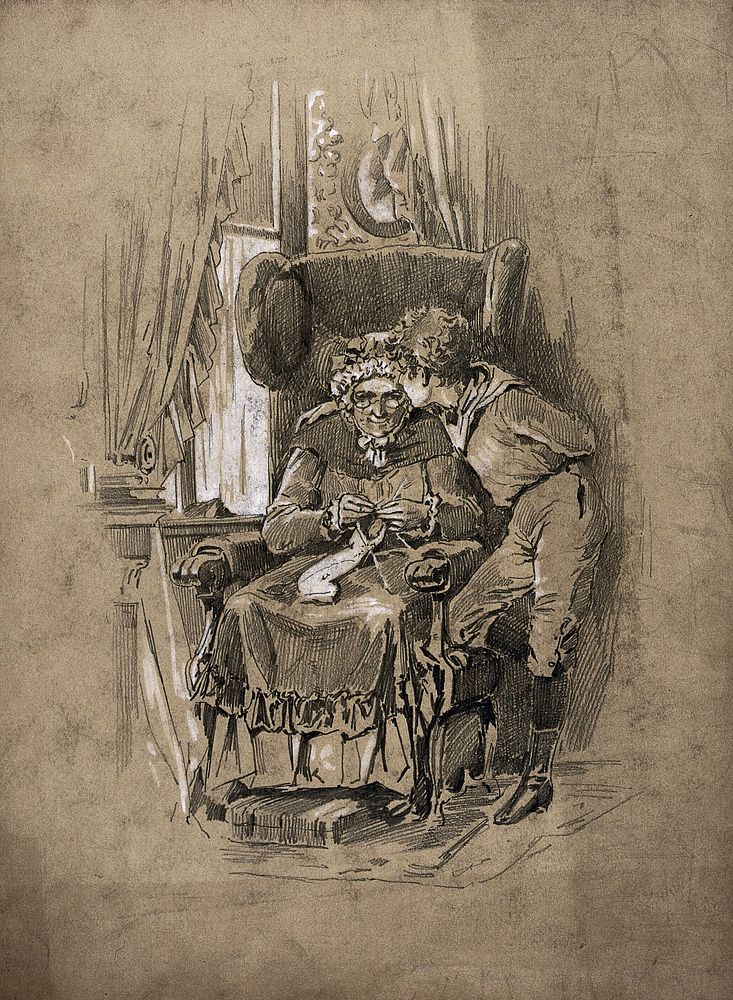 An old lady sits in a chair with her knitting and is being comforted by a boy who may be her grandchild. Graphite drawing…