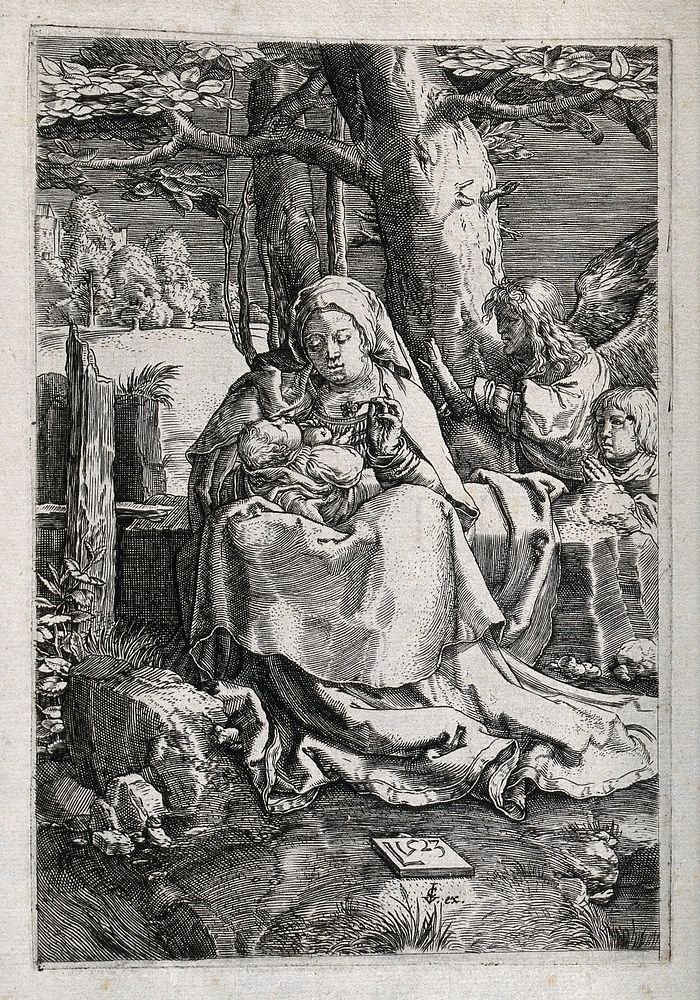 Saint Mary (the Blessed Virgin) with the Christ Child. Etching after Lucas van Leyden, 1523.